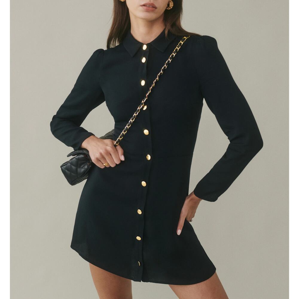 Reformation Hugh Dress Black Shirt Dress Gold Button Dark Academia Twee SZ 2